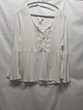 Simply Emma Ivory Lace-Up Peasant Blouse Boho Flowy Embroidery